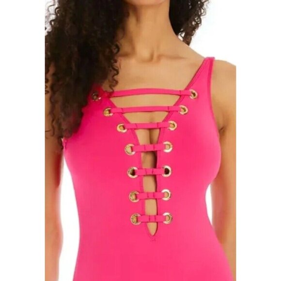 Bleu Rod Beattie Swimwear Lattice Plunging One-Piece Swimsuit Pink 4 - Picture 1 of 6